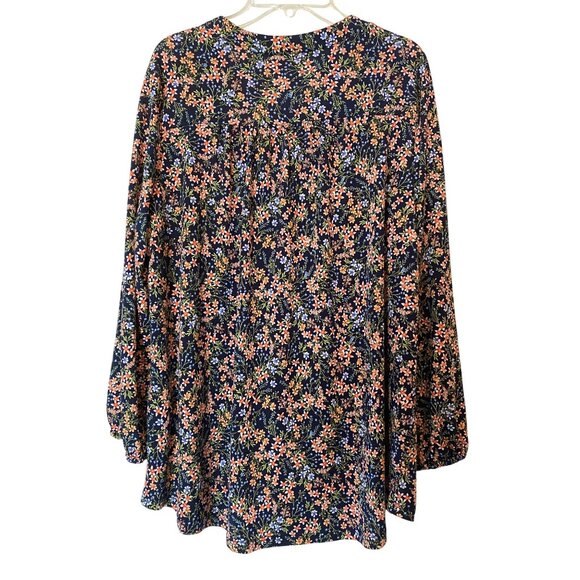 Vince Camuto Floral V-Neck Long Sleeve Blouse Navy Orange Green Blue Large - Picture 2 of 8